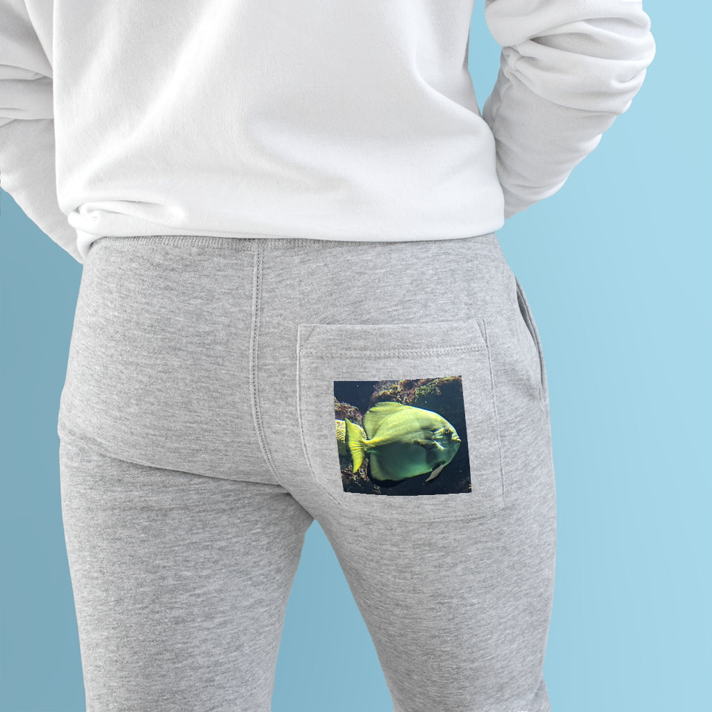 Green Fish Premium Fleece Joggers showcasing a stylish design with customizable back pocket and spacious side pockets.