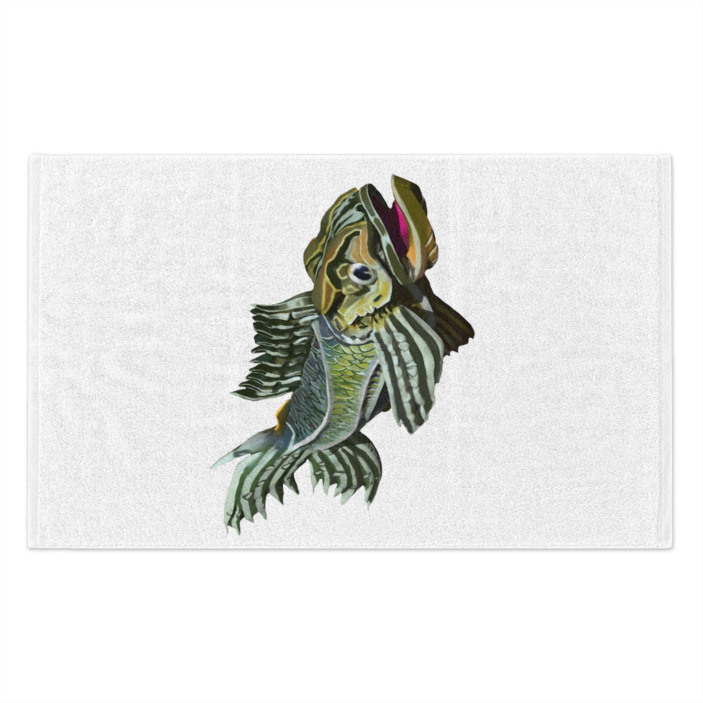 Green Fish Rally Towel, 11x18 inches, featuring absorbent cotton and soft mink polyester, ideal for sports and events.