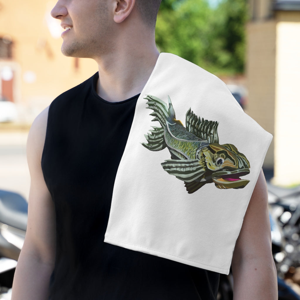 Green Fish Rally Towel, 11x18 inches, featuring absorbent cotton and soft mink polyester, ideal for sports and events.