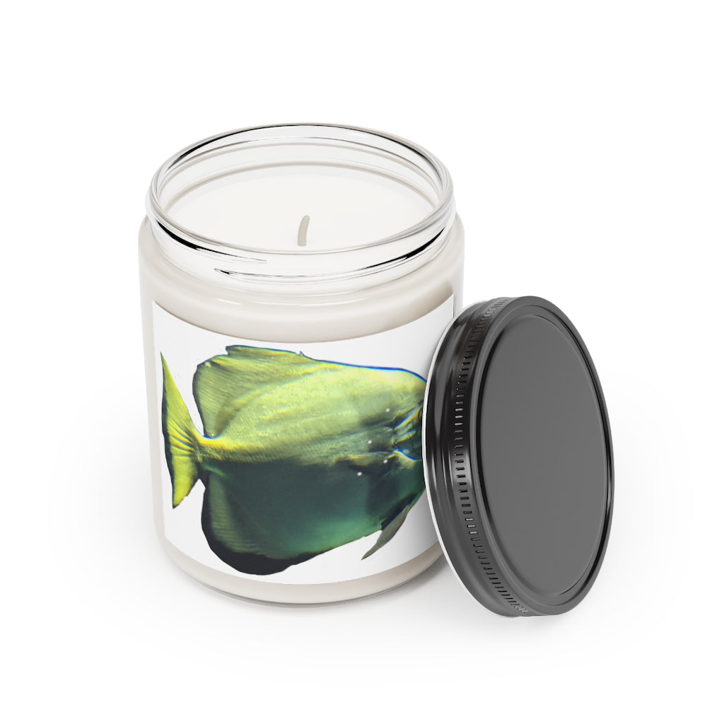 Green Fish Scented Candle in a glass container, showcasing its elegant design and soothing aroma.