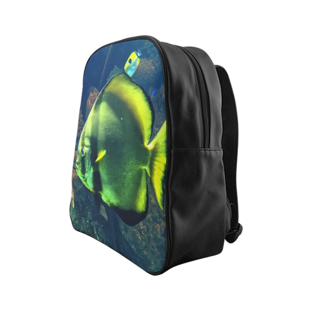 Green Fish School Backpack featuring a unique fish print design, padded back, and multiple inside pockets, made from durable PU leather.