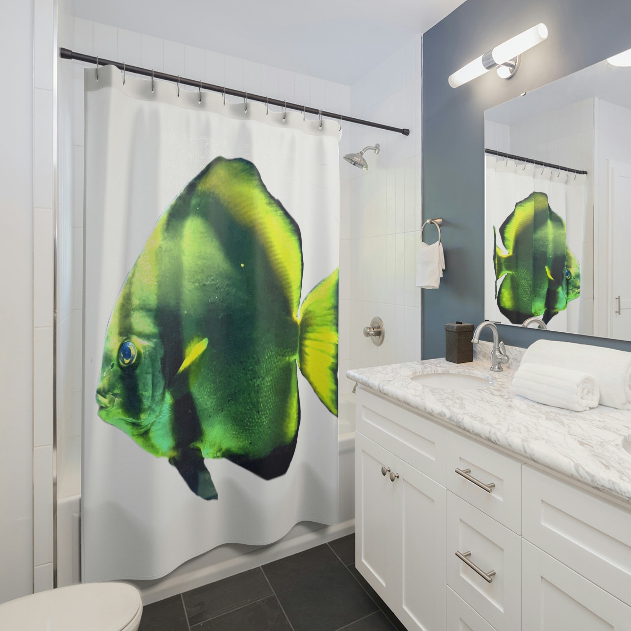 A vibrant green fish shower curtain made of durable polyester, featuring a colorful aquatic design perfect for bathroom decor.