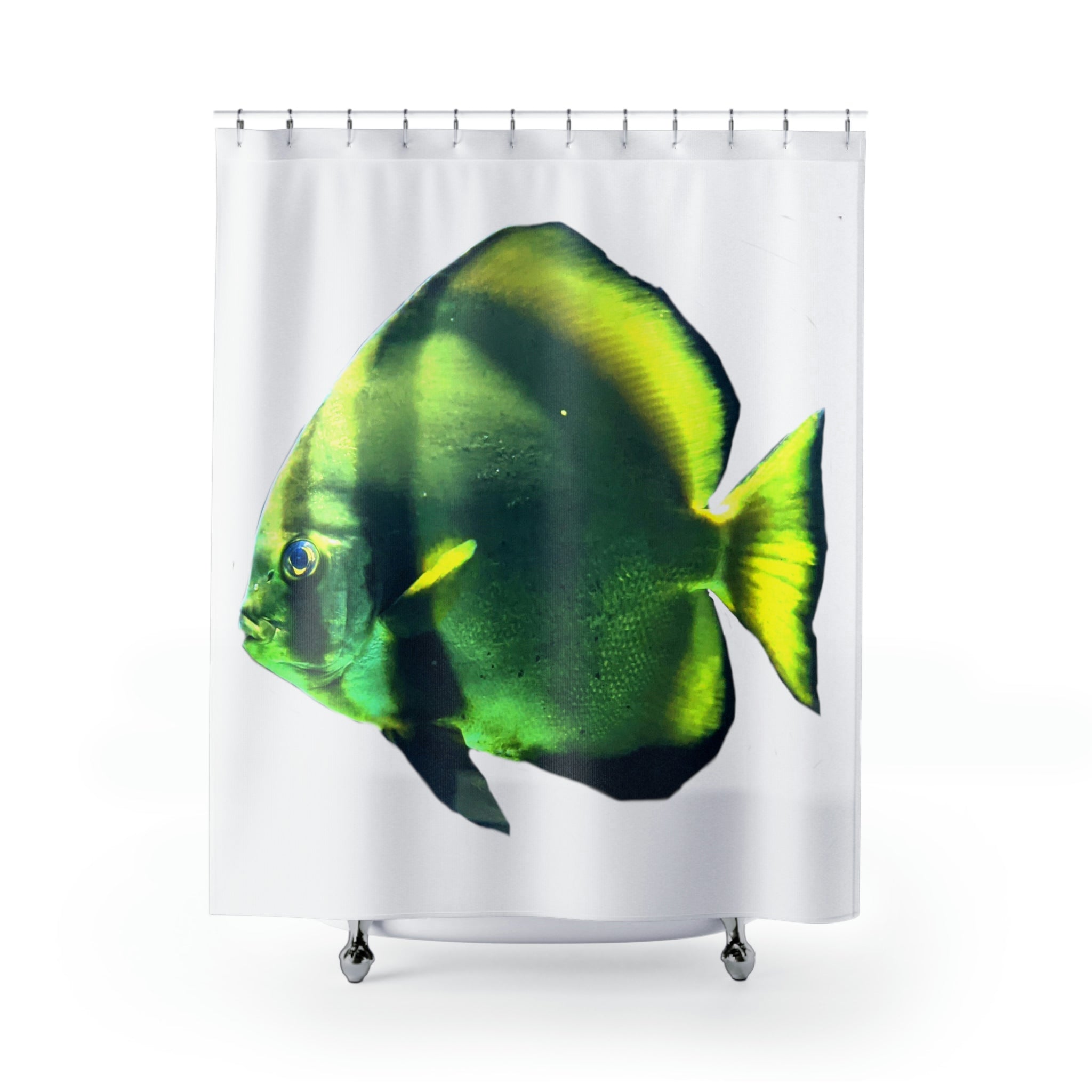 A vibrant green fish shower curtain made of durable polyester, featuring a colorful aquatic design perfect for bathroom decor.