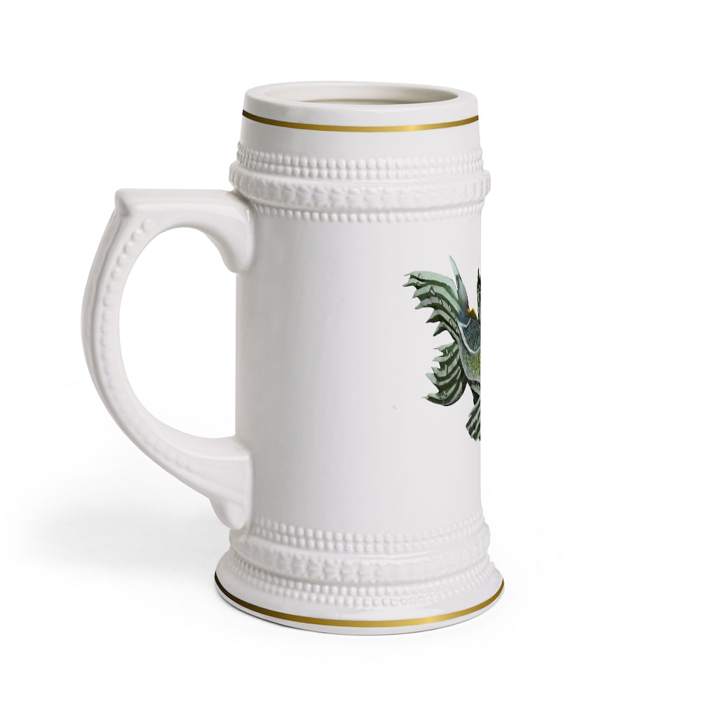 Green Fish Stein Mug made of durable white ceramic with ribbed outlines, perfect for custom designs.