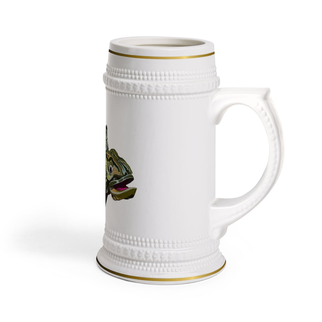 Green Fish Stein Mug made of durable white ceramic with ribbed outlines, perfect for custom designs.