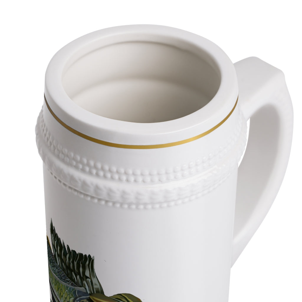 Green Fish Stein Mug made of durable white ceramic with ribbed outlines, perfect for custom designs.