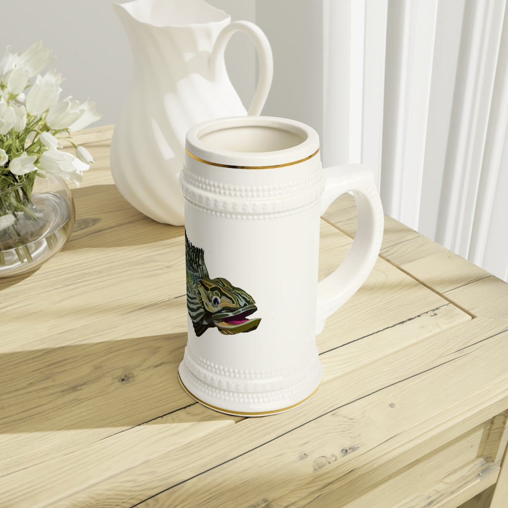 Green Fish Stein Mug made of durable white ceramic with ribbed outlines, perfect for custom designs.