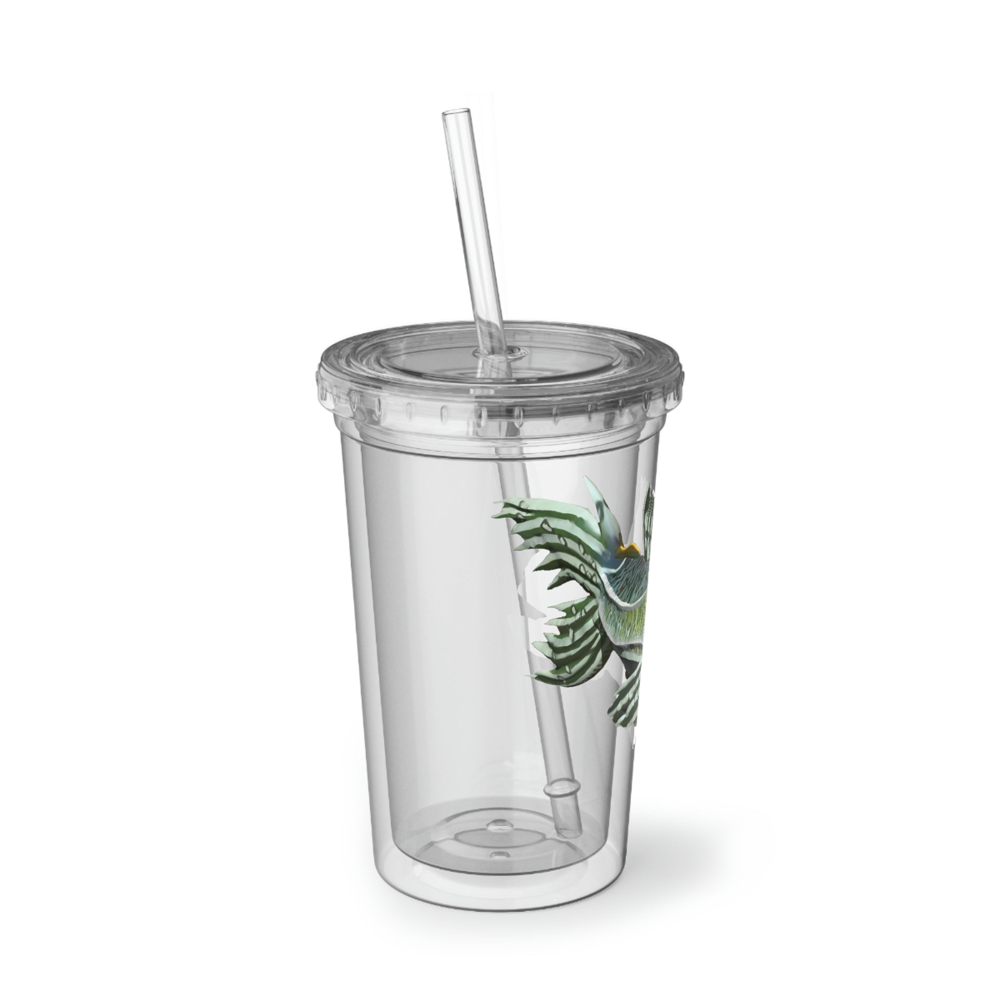 Green Fish Suave Acrylic Cup with double-wall insulation, featuring a plastic lid and straw, perfect for hot and cold beverages.