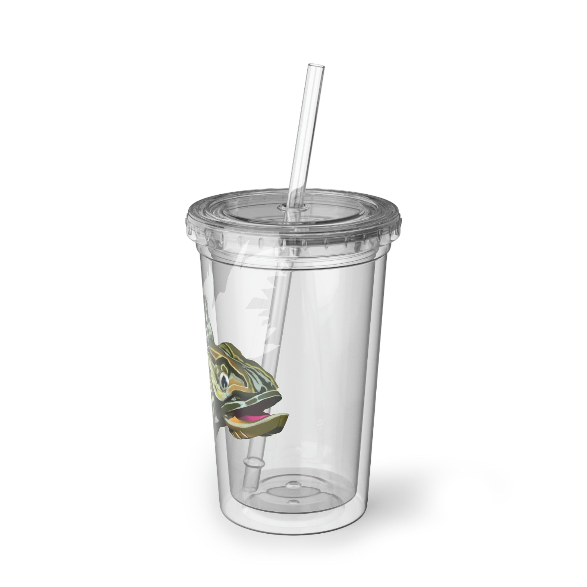 Green Fish Suave Acrylic Cup with double-wall insulation, featuring a plastic lid and straw, perfect for hot and cold beverages.