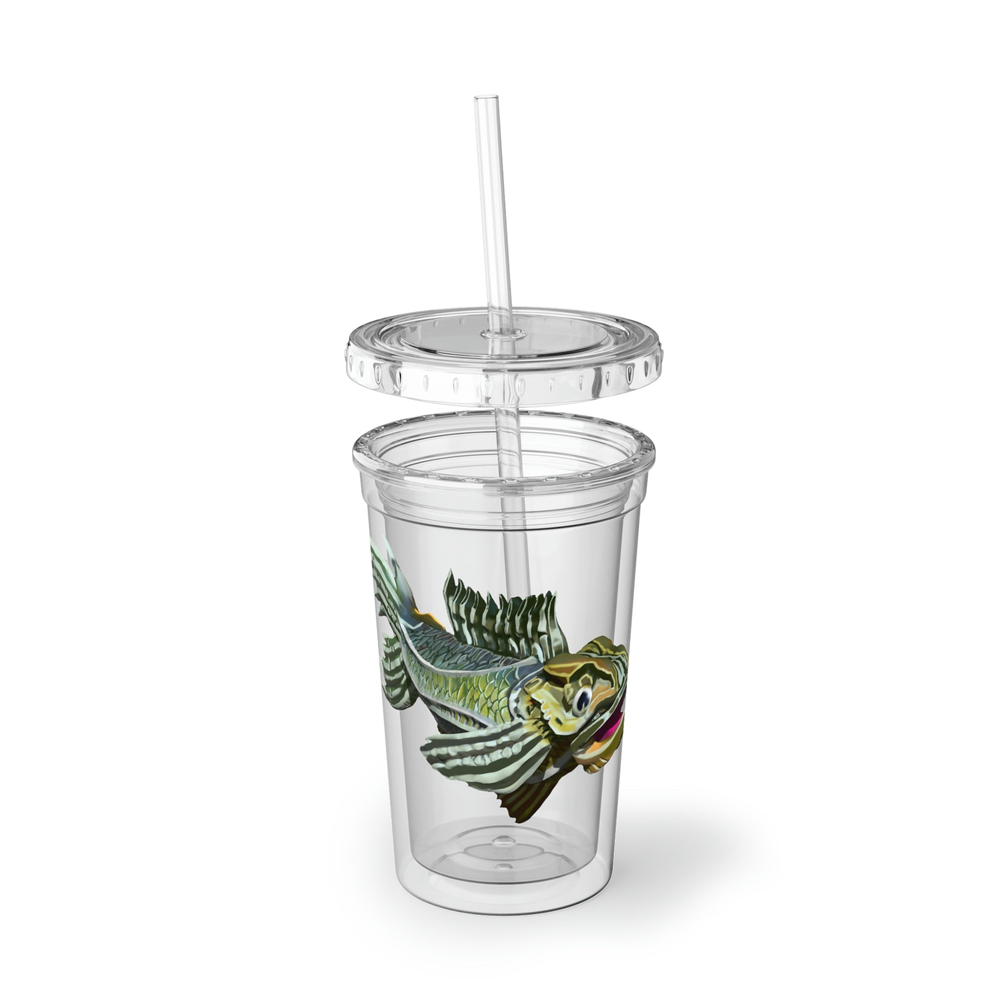 Green Fish Suave Acrylic Cup with double-wall insulation, featuring a plastic lid and straw, perfect for hot and cold beverages.