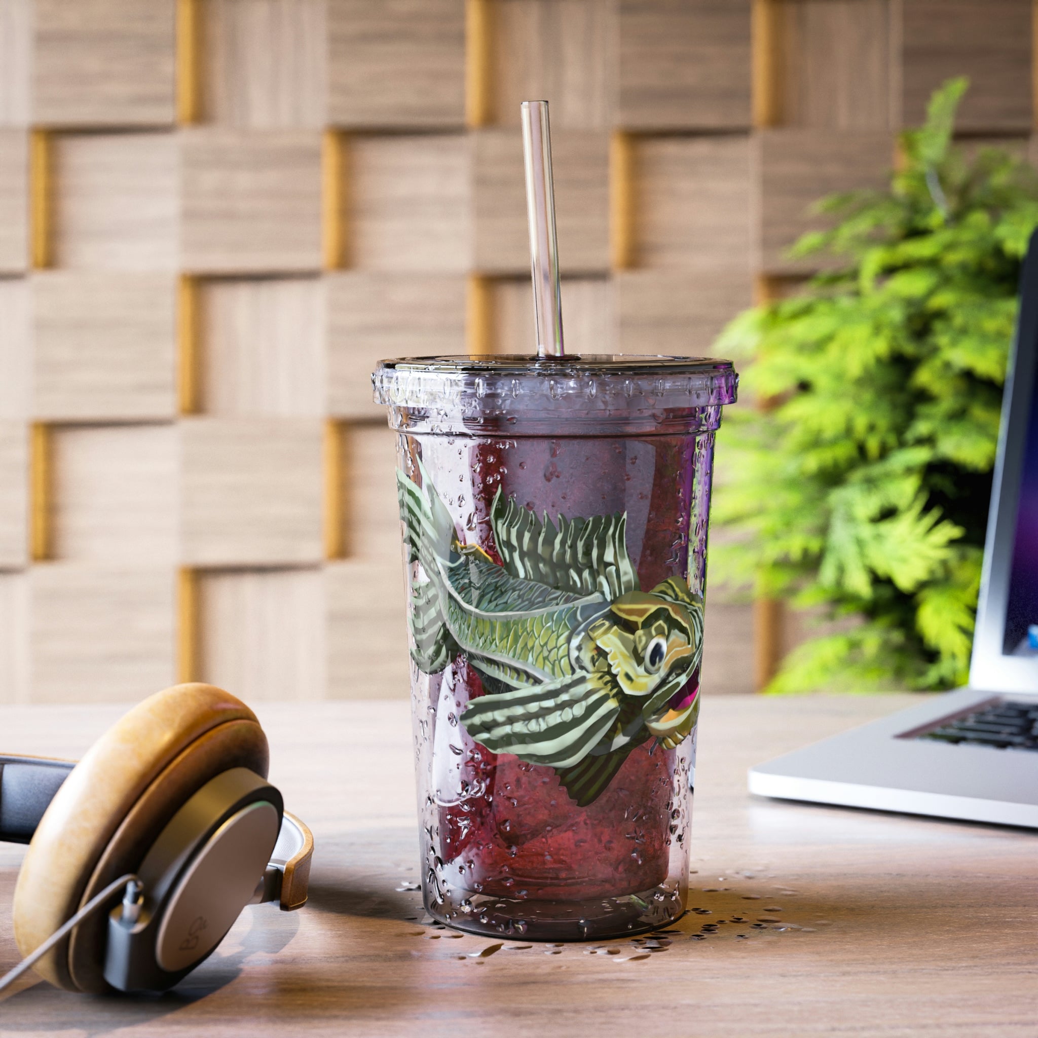 Green Fish Suave Acrylic Cup with double-wall insulation, featuring a plastic lid and straw, perfect for hot and cold beverages.