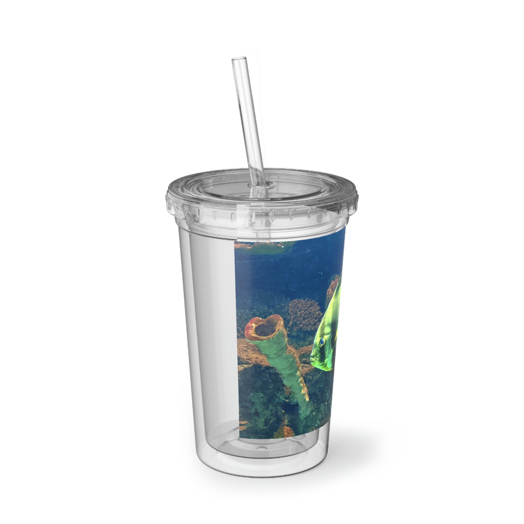 Green Fish Suave Acrylic Cup with a sleek stainless steel design, featuring a black screw-on cap and a plastic straw, perfect for hydration.