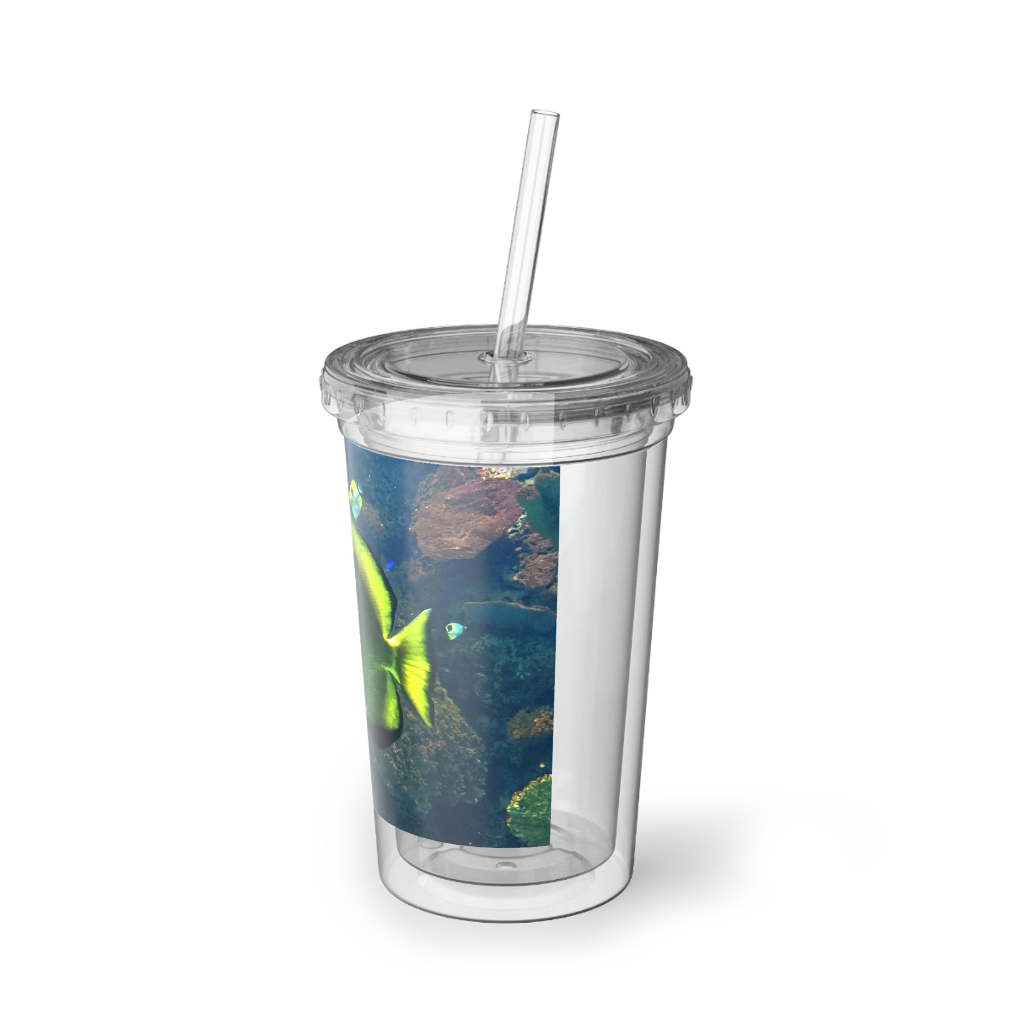 Green Fish Suave Acrylic Cup with a sleek stainless steel design, featuring a black screw-on cap and a plastic straw, perfect for hydration.