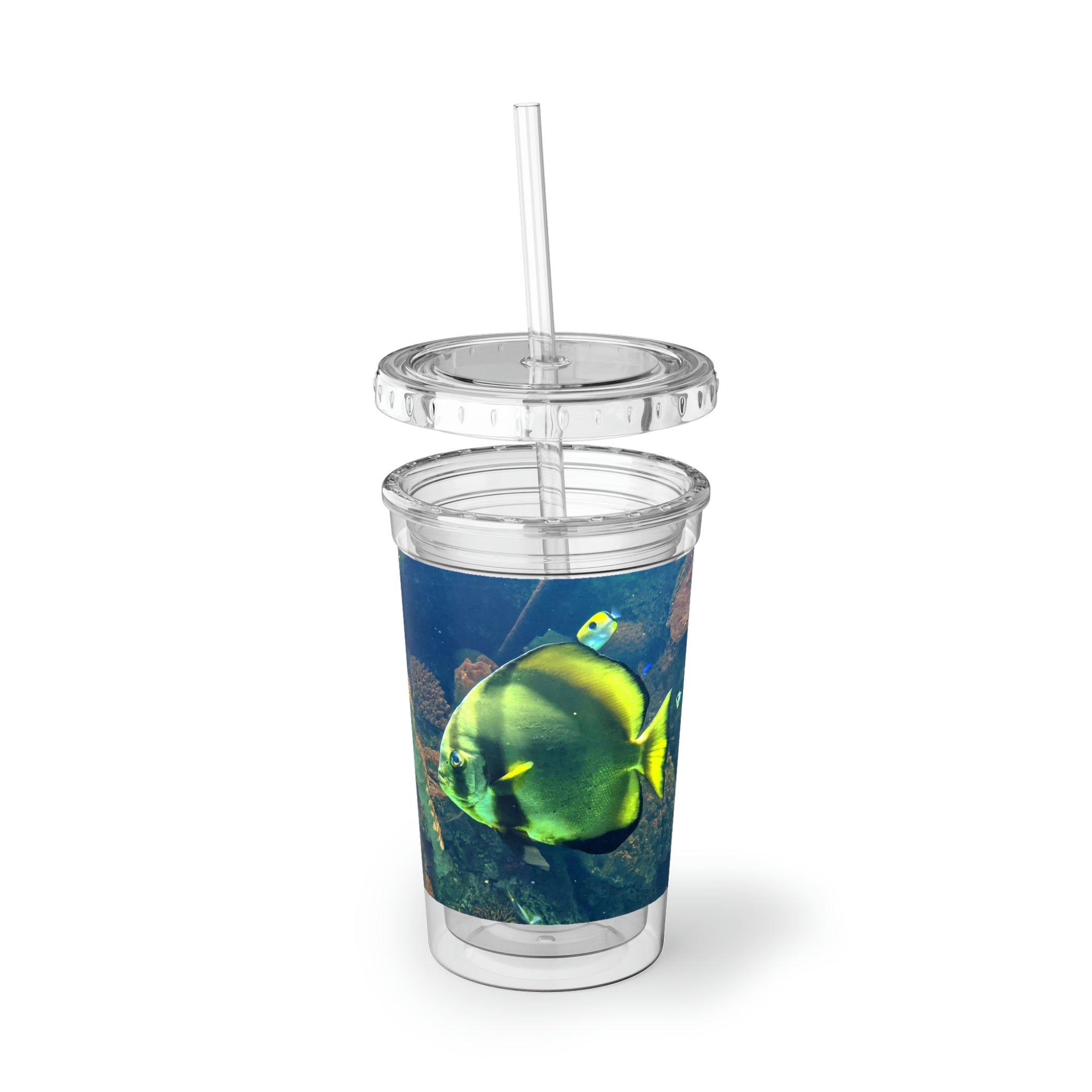 Green Fish Suave Acrylic Cup with a sleek stainless steel design, featuring a black screw-on cap and a plastic straw, perfect for hydration.