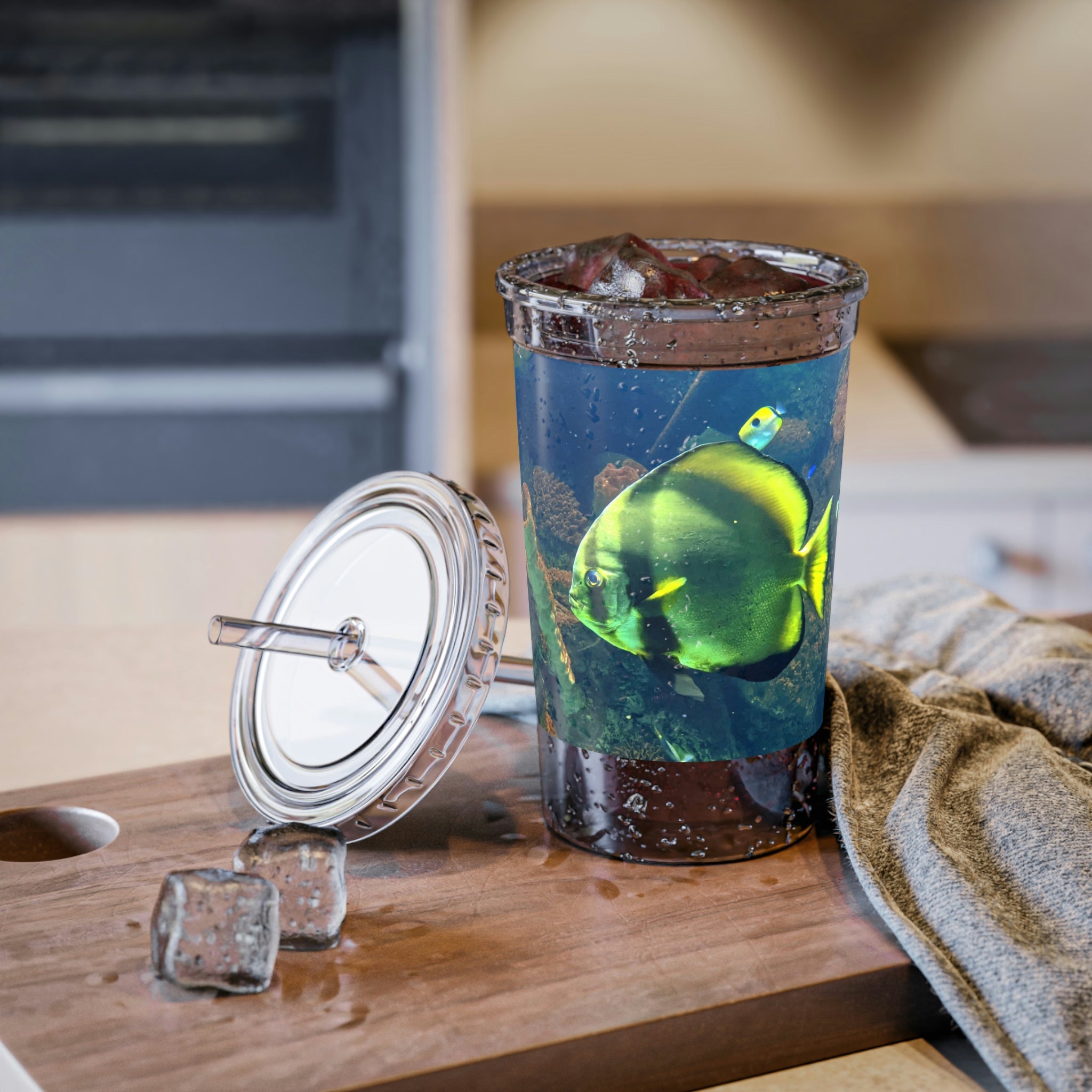 Green Fish Suave Acrylic Cup with a sleek stainless steel design, featuring a black screw-on cap and a plastic straw, perfect for hydration.