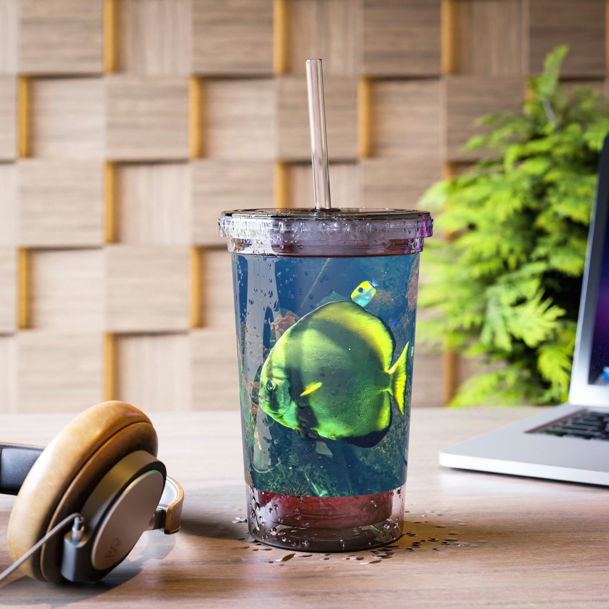 Green Fish Suave Acrylic Cup with a sleek stainless steel design, featuring a black screw-on cap and a plastic straw, perfect for hydration.