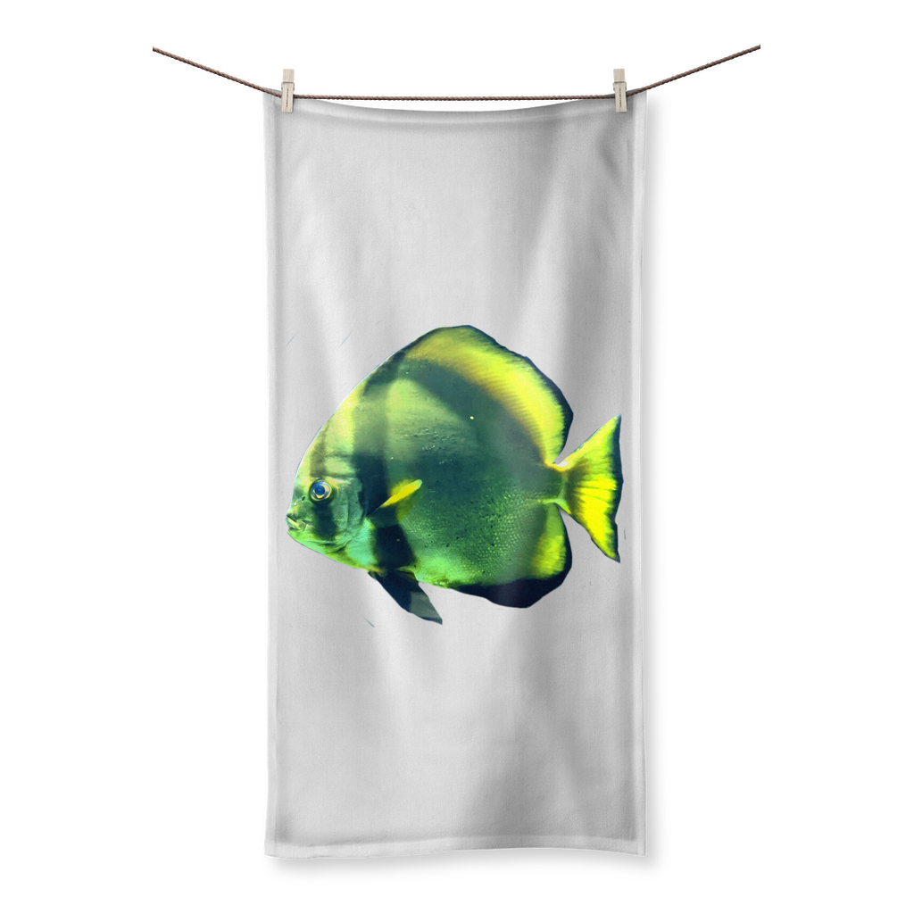 Green Fish Sublimation All Over Towel featuring vibrant fish design on one side and soft cotton backing on the other.