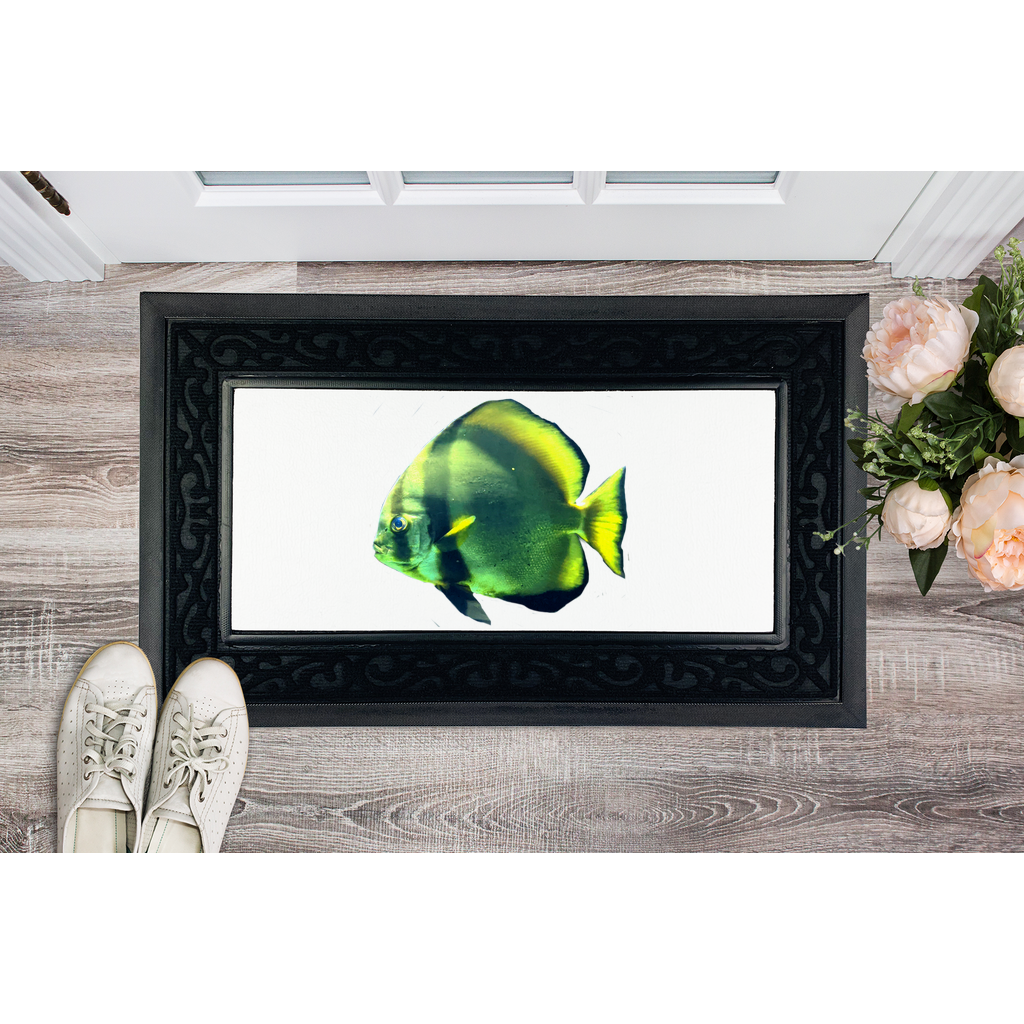 Green Fish Sublimation Heavy Duty Door Mat with a stylish fabric brush border and non-slip rubber base, perfect for home entrances.