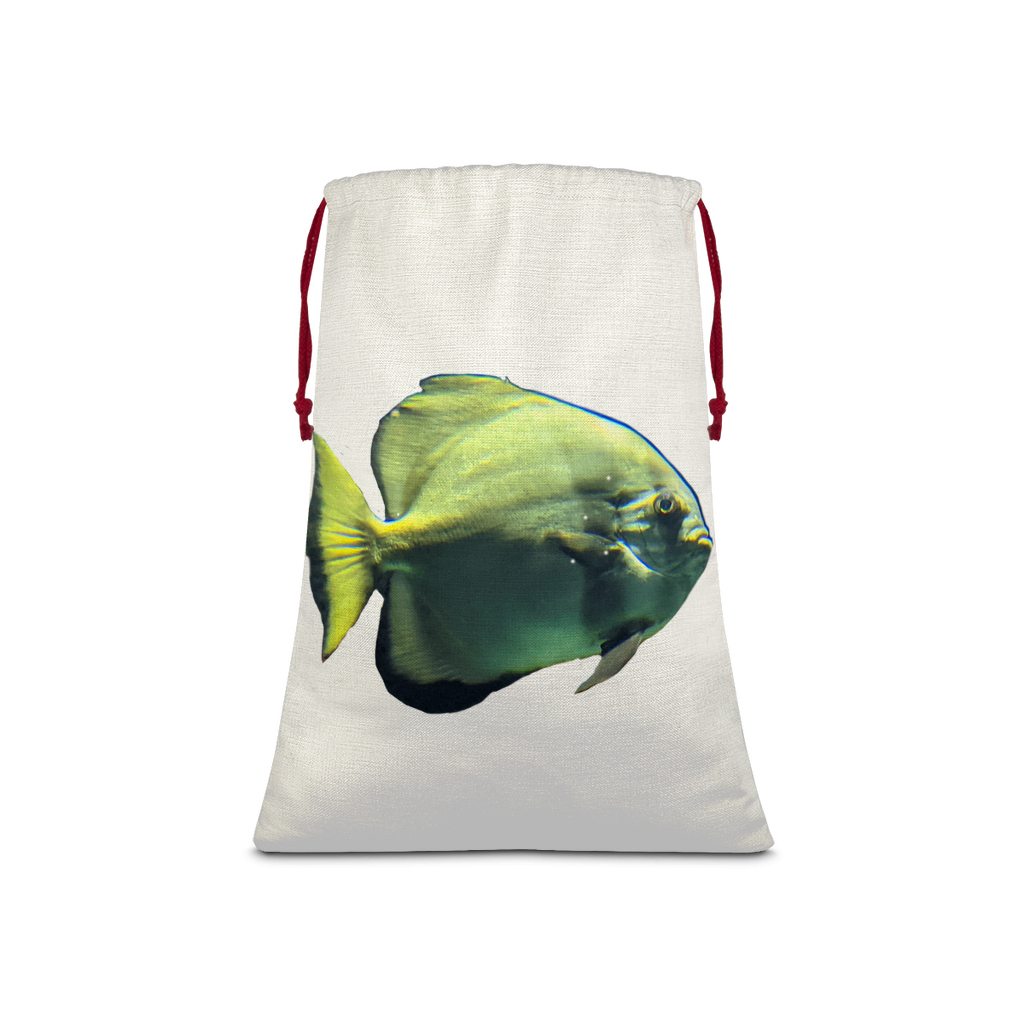 Green Fish Sublimation Linen Drawstring Sack with red drawstring, ideal for Christmas gifts and laundry.