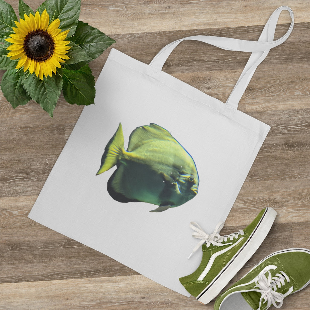 Green Fish Tote Bag made of 100% cotton with cross-stitched handles, featuring a vibrant fish design.