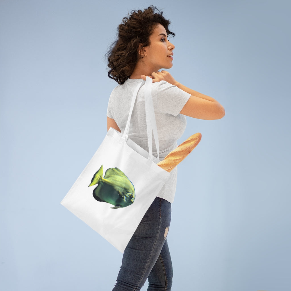 Green Fish Tote Bag made of 100% cotton with cross-stitched handles, featuring a vibrant fish design.