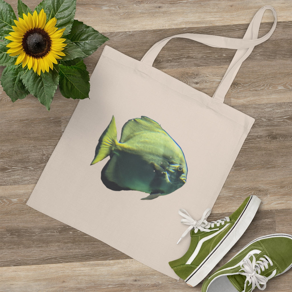 Green Fish Tote Bag made of 100% cotton with cross-stitched handles, featuring a vibrant fish design.