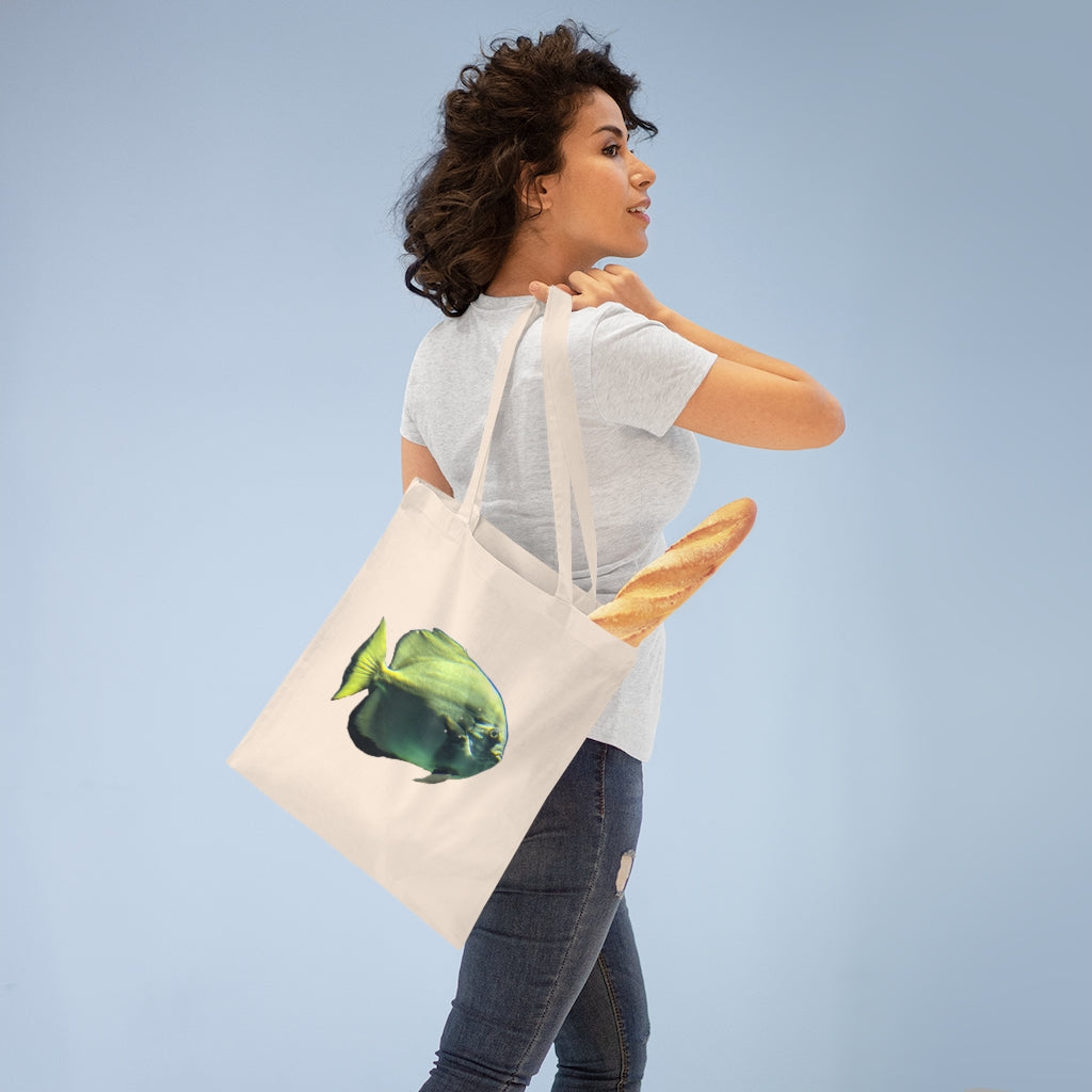 Green Fish Tote Bag made of 100% cotton with cross-stitched handles, featuring a vibrant fish design.