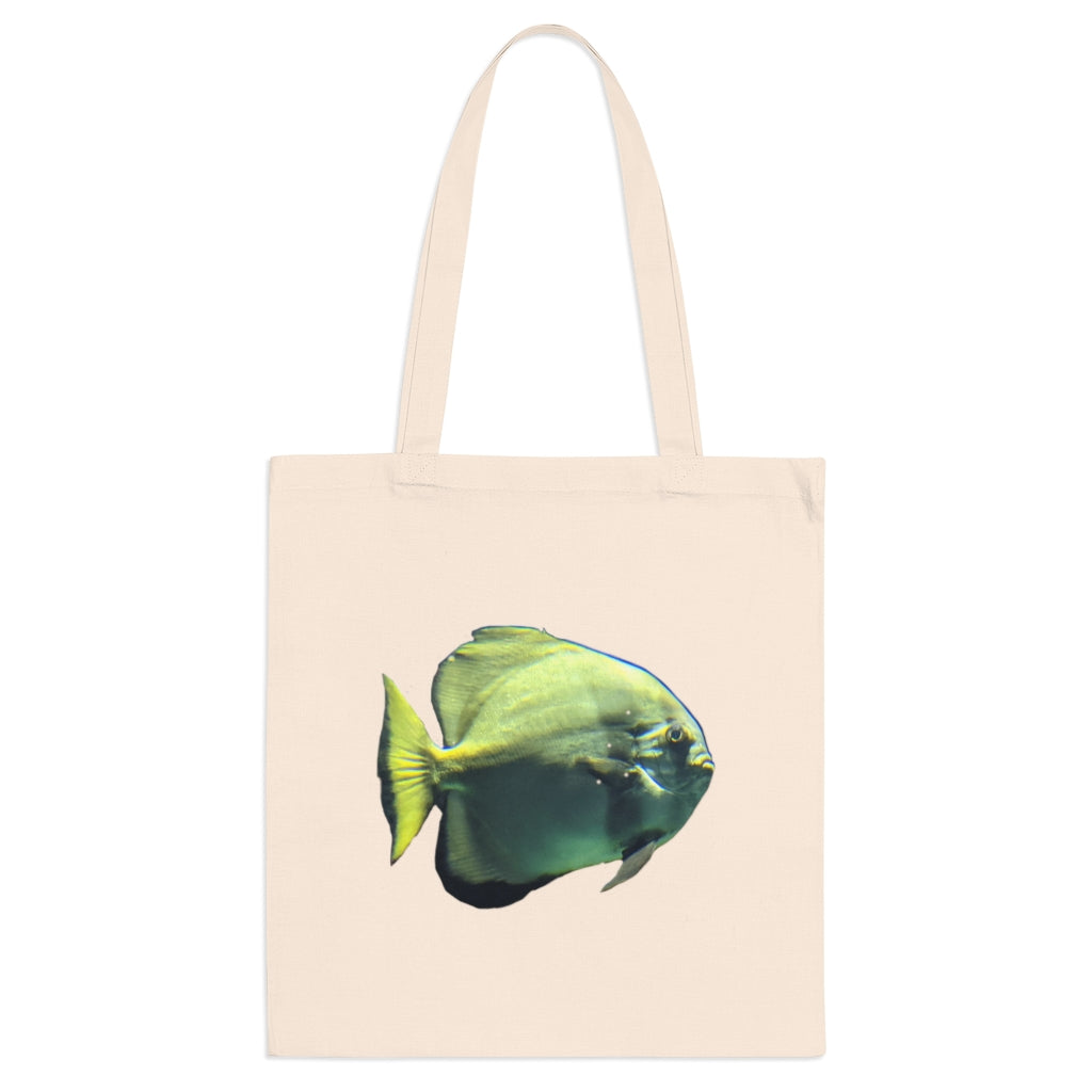 Green Fish Tote Bag made of 100% cotton with cross-stitched handles, featuring a vibrant fish design.