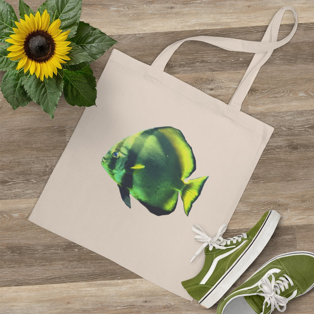 A vibrant Green Fish Tote Bag made of 100% cotton with long handles and cross stitching for added stability.