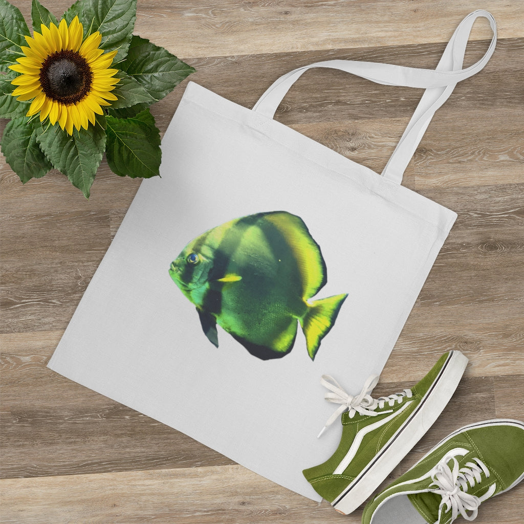 A vibrant Green Fish Tote Bag made of 100% cotton with long handles and cross stitching for added stability.