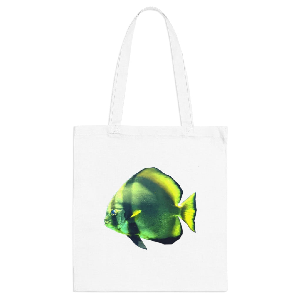 A vibrant Green Fish Tote Bag made of 100% cotton with long handles and cross stitching for added stability.