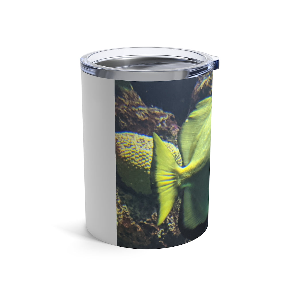 Green Fish Tumbler 10oz made of stainless steel with a see-thru plastic lid, featuring a vibrant fish design.