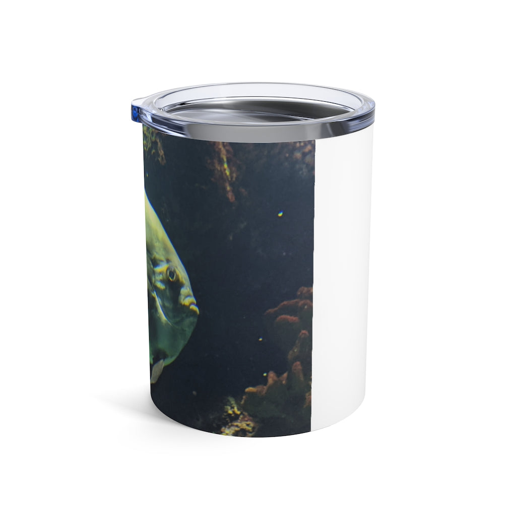 Green Fish Tumbler 10oz made of stainless steel with a see-thru plastic lid, featuring a vibrant fish design.