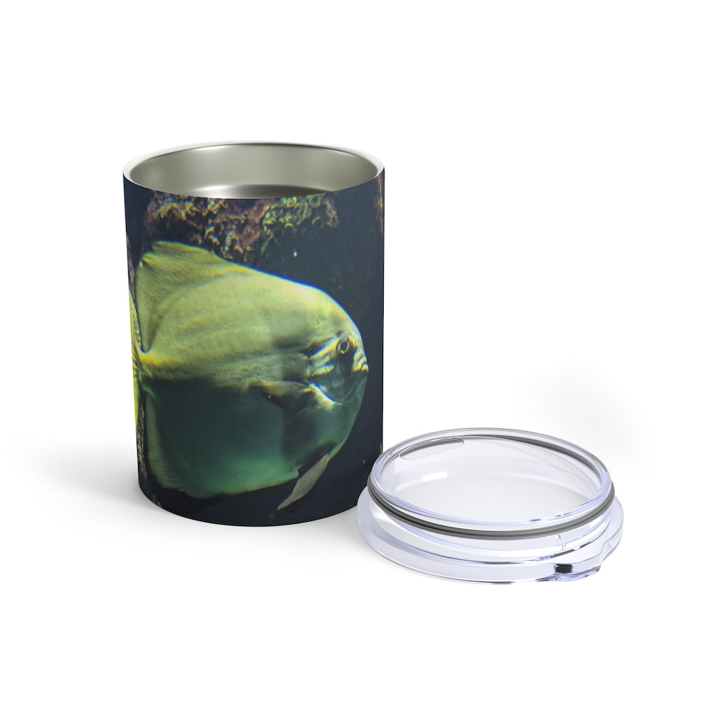 Green Fish Tumbler 10oz made of stainless steel with a see-thru plastic lid, featuring a vibrant fish design.