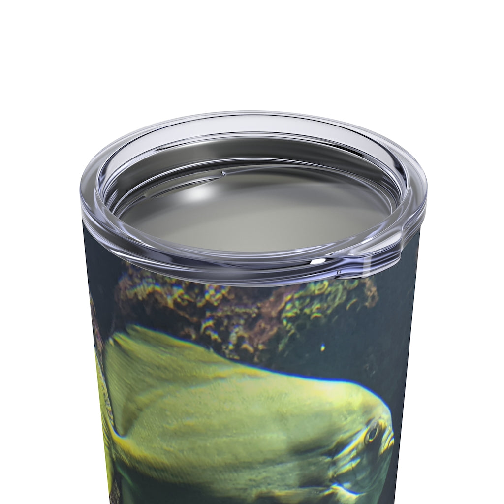 Green Fish Tumbler 10oz made of stainless steel with a see-thru plastic lid, featuring a vibrant fish design.