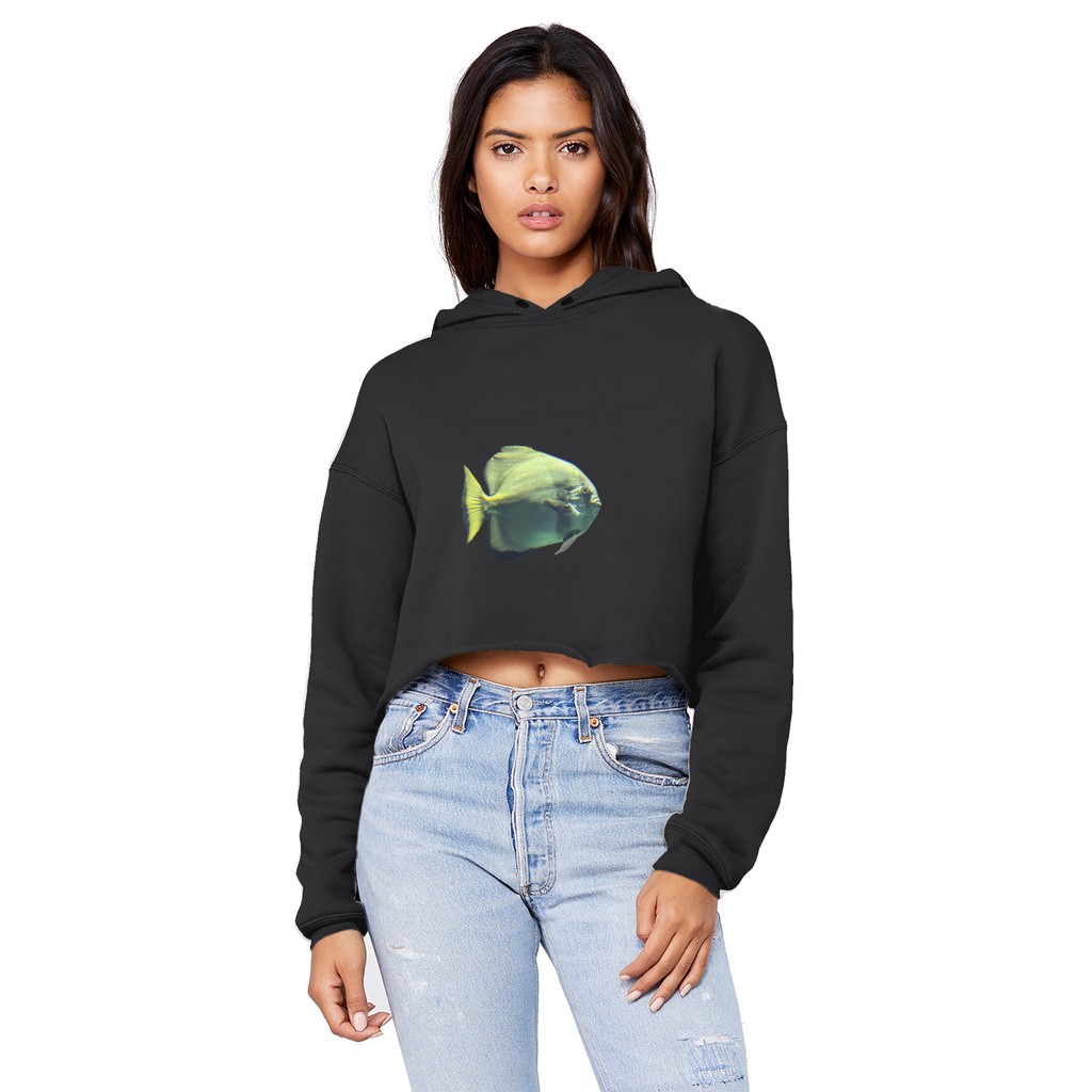 Green Fish Unisex Cropped Raw Edge Boyfriend Hoodie displayed on a mannequin, showcasing its trendy cropped design and soft fabric.