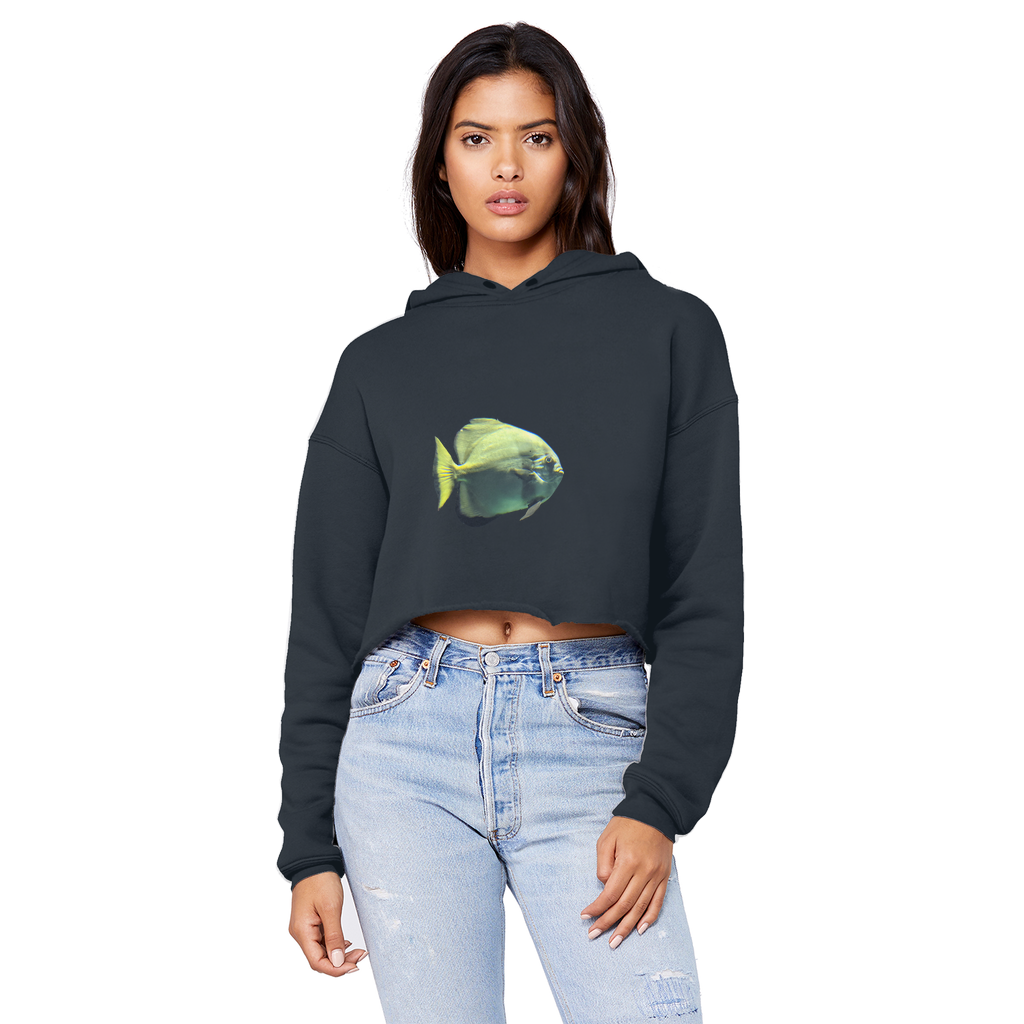 Green Fish Unisex Cropped Raw Edge Boyfriend Hoodie displayed on a mannequin, showcasing its trendy cropped design and soft fabric.