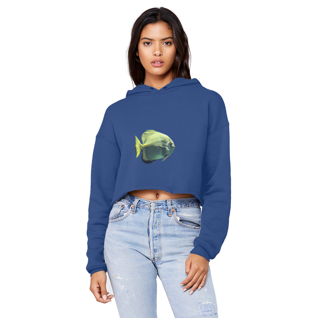 Green Fish Unisex Cropped Raw Edge Boyfriend Hoodie displayed on a mannequin, showcasing its trendy cropped design and soft fabric.