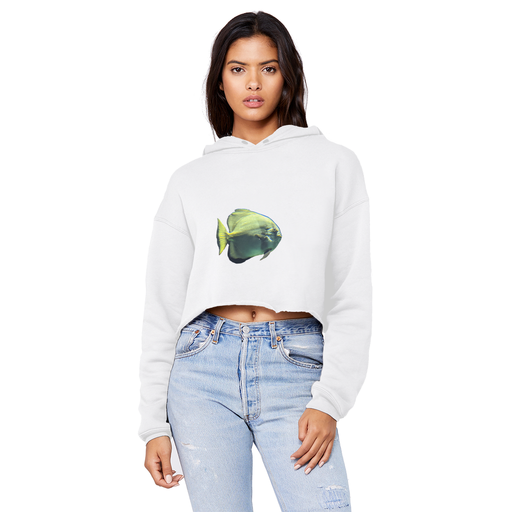 Green Fish Unisex Cropped Raw Edge Boyfriend Hoodie displayed on a mannequin, showcasing its trendy cropped design and soft fabric.