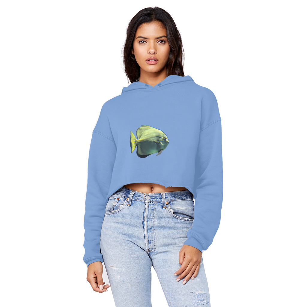 Green Fish Unisex Cropped Raw Edge Boyfriend Hoodie displayed on a mannequin, showcasing its trendy cropped design and soft fabric.