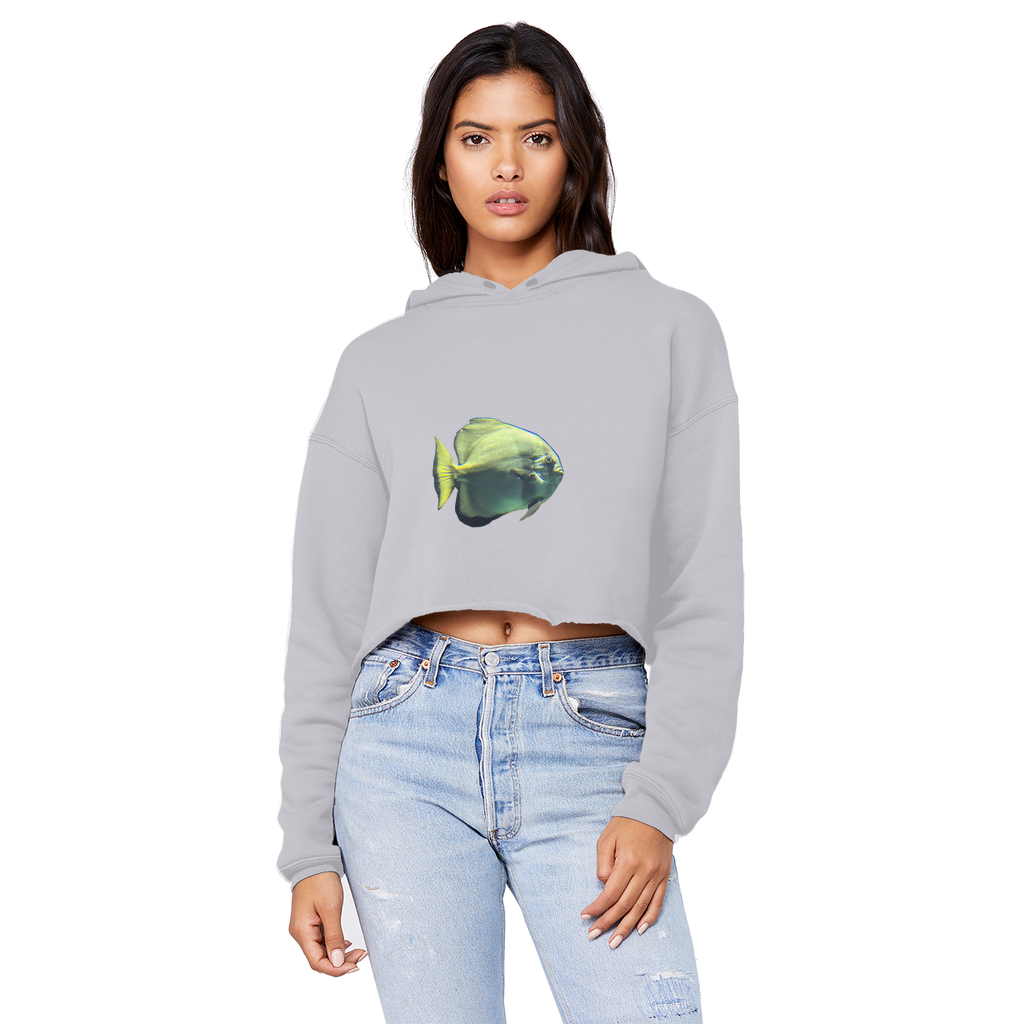 Green Fish Unisex Cropped Raw Edge Boyfriend Hoodie displayed on a mannequin, showcasing its trendy cropped design and soft fabric.