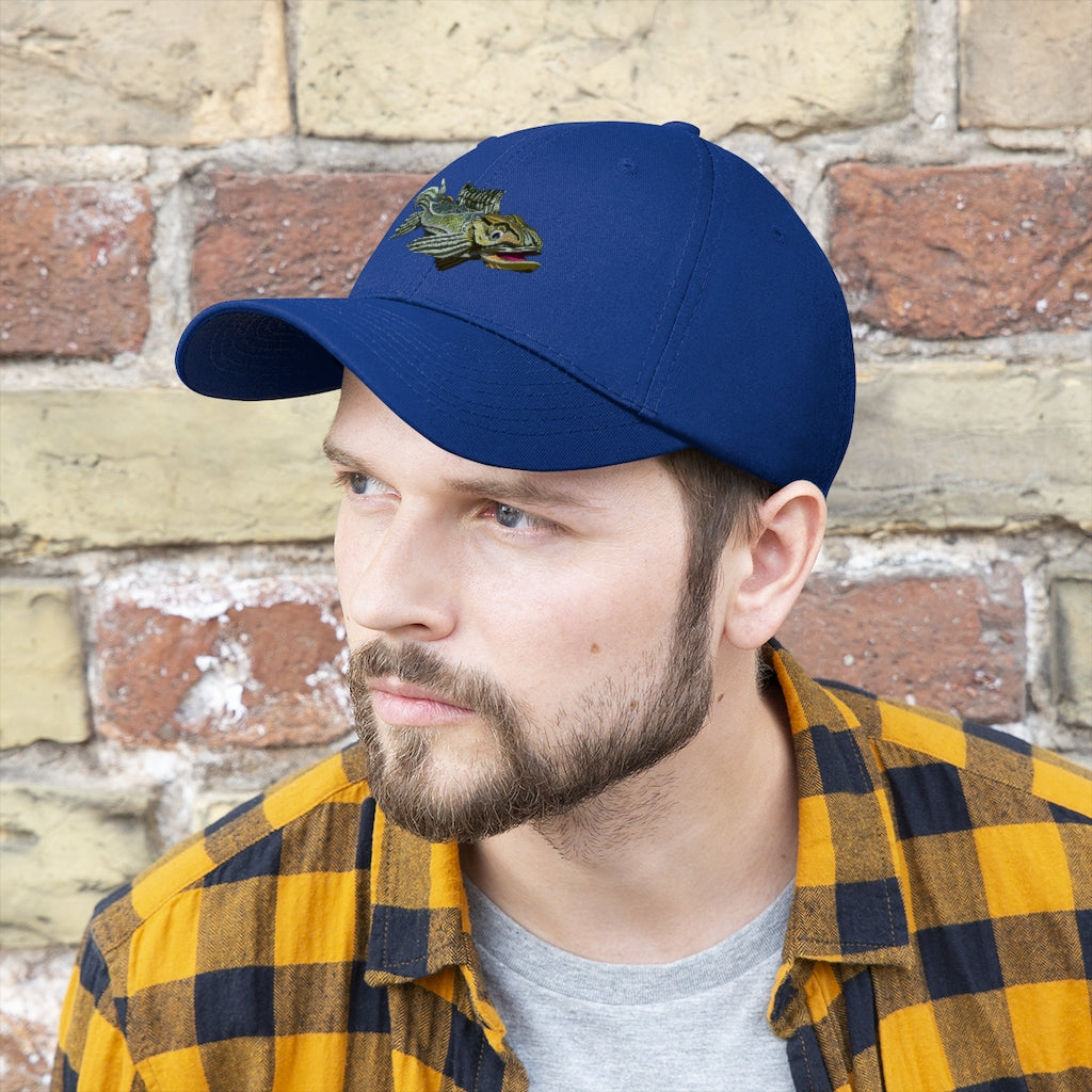 Green Fish Unisex Twill Hat featuring a classic 6-panel design and adjustable Velcro closure, made from 100% cotton twill.