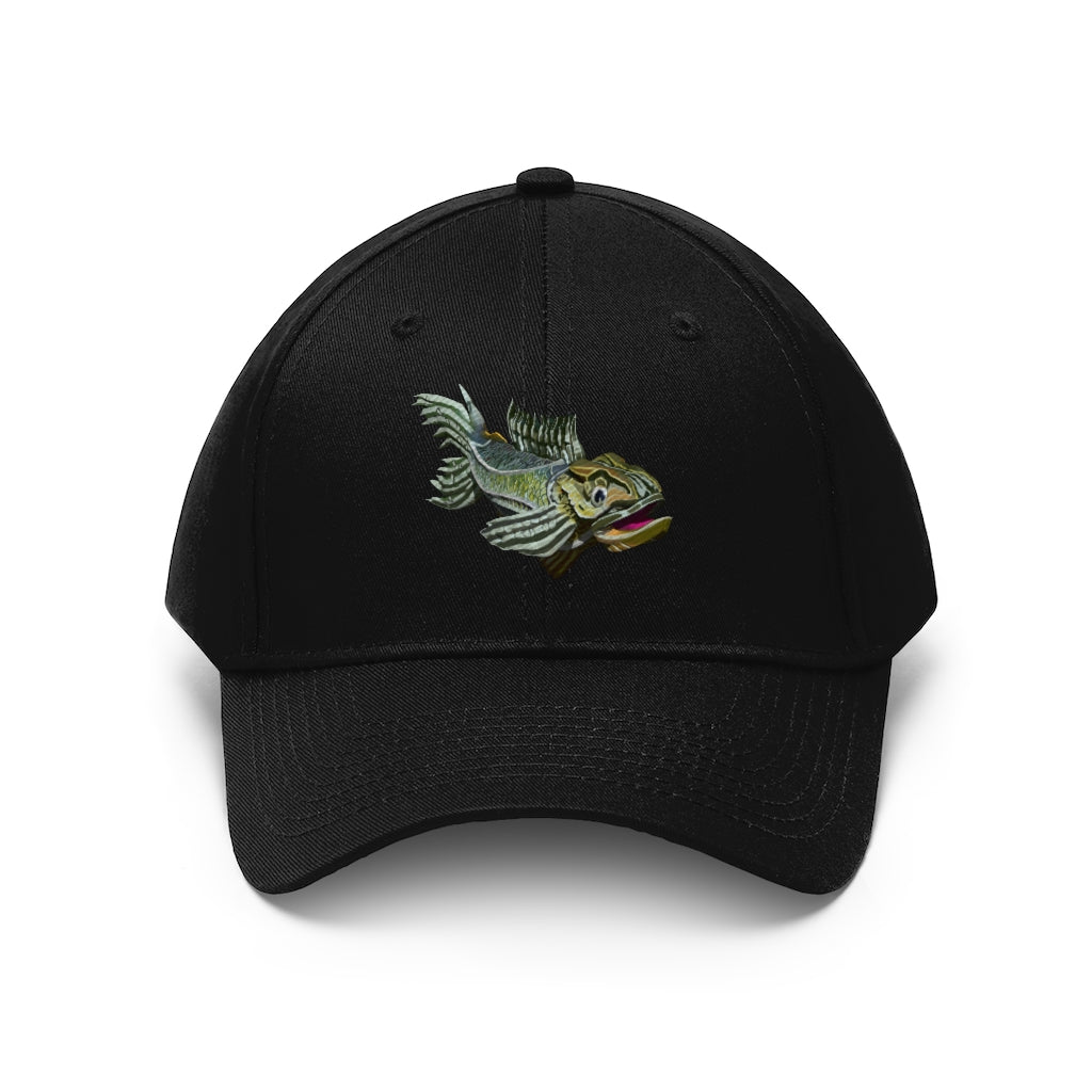 Green Fish Unisex Twill Hat featuring a classic 6-panel design and adjustable Velcro closure, made from 100% cotton twill.