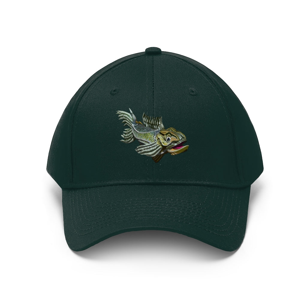 Green Fish Unisex Twill Hat featuring a classic 6-panel design and adjustable Velcro closure, made from 100% cotton twill.