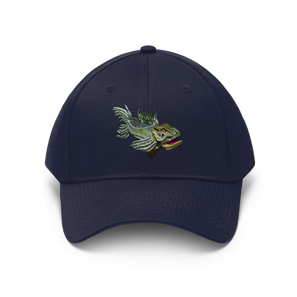 Green Fish Unisex Twill Hat featuring a classic 6-panel design and adjustable Velcro closure, made from 100% cotton twill.