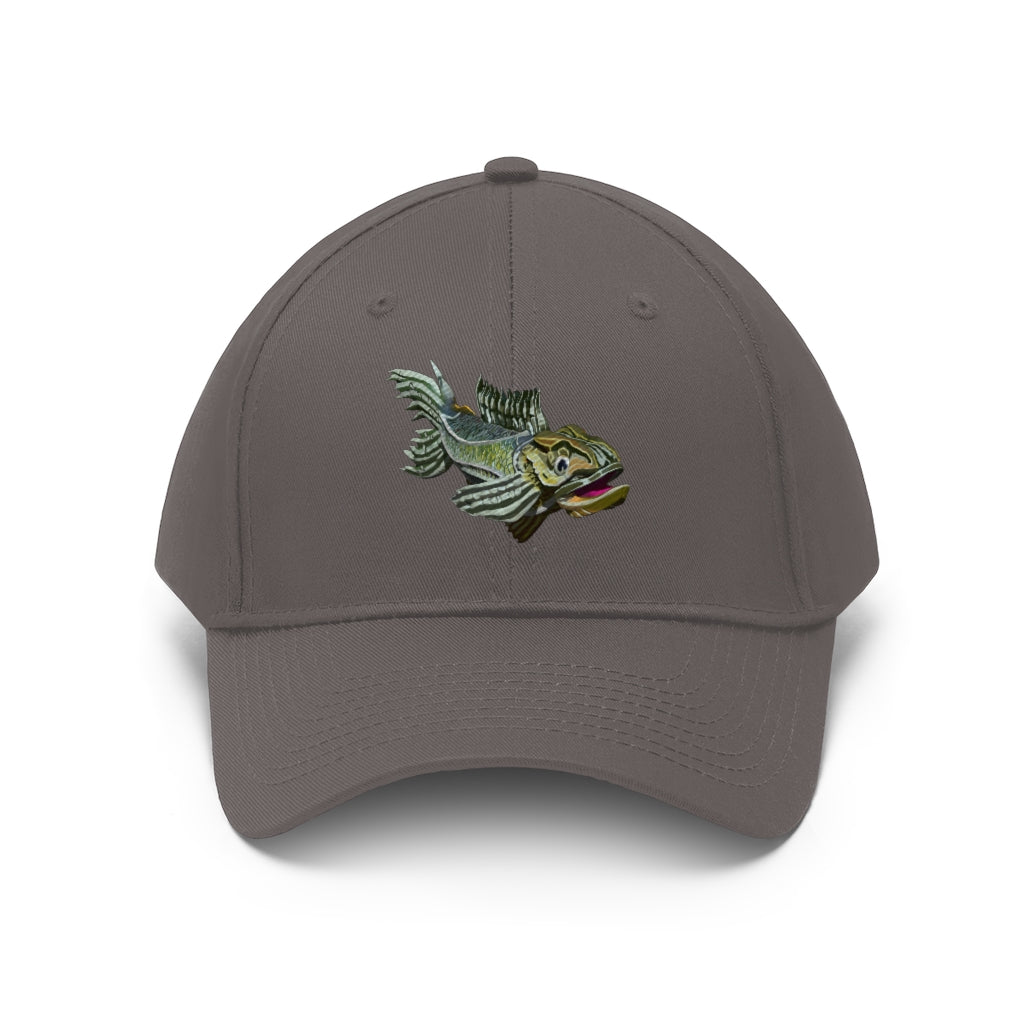 Green Fish Unisex Twill Hat featuring a classic 6-panel design and adjustable Velcro closure, made from 100% cotton twill.