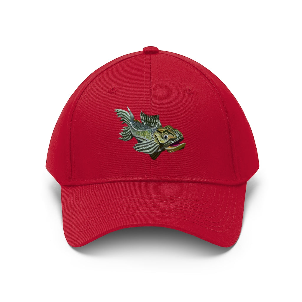 Green Fish Unisex Twill Hat featuring a classic 6-panel design and adjustable Velcro closure, made from 100% cotton twill.