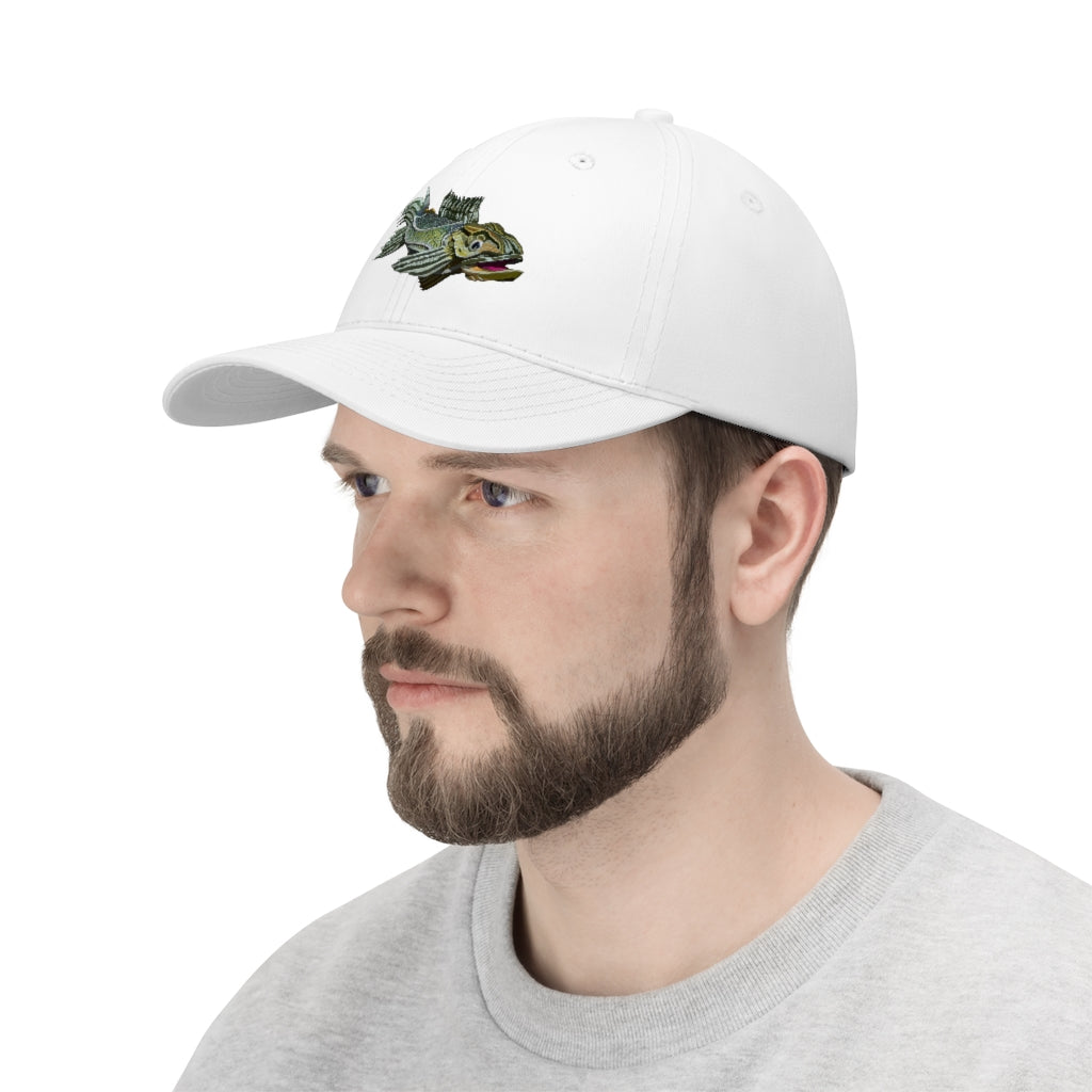 Green Fish Unisex Twill Hat featuring a classic 6-panel design and adjustable Velcro closure, made from 100% cotton twill.