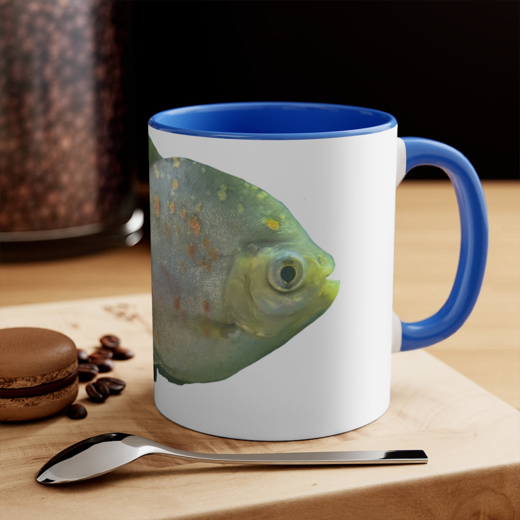 Green Fish with Specs 11oz Accent Mug featuring a vibrant green interior and handle, perfect for personalized designs.