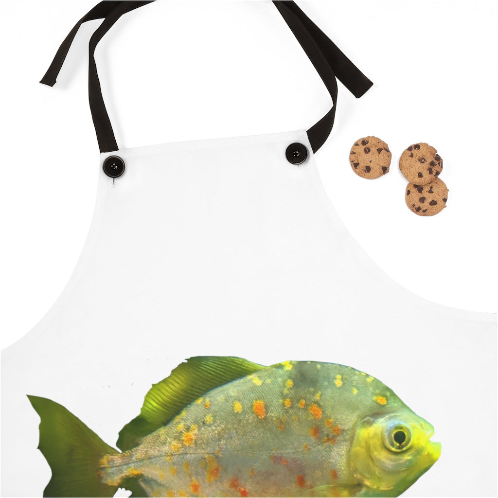 Green Fish with Specs Apron featuring a vibrant design and black detachable twill straps, perfect for cooking.